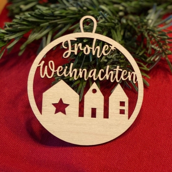 Frohe Weihnachten mit Häusern - Geschenkanhänger / Christbaumanhänger aus Holz