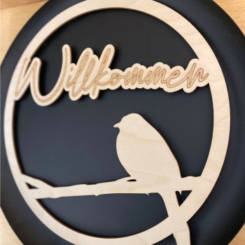 Türkranz "Willkommen" mit Gravur und Vogel aus Holz